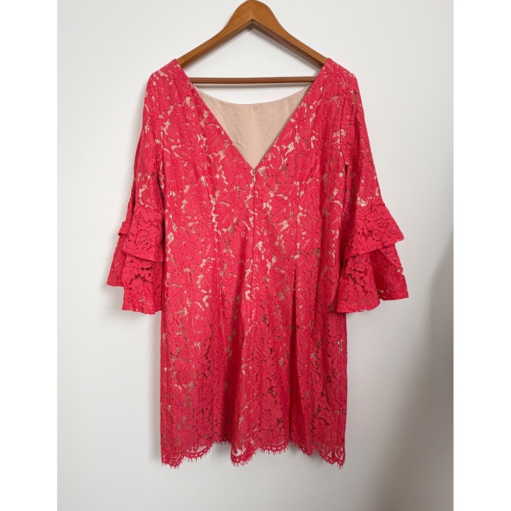 Eliza J Elegant Pink Lace Overlay with Nude Lining Tiered‎ Bell Sleeves Size 14 - Picture 2 of 14